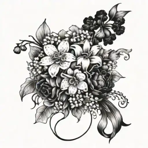 chrysabthemum, carnation, iris, daffodil, lily of the valley, larkspur, and aster in a bouquet tied with a bow  tattoo design idea