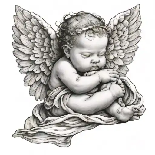 Generate me a black and white tattoo of a baby girl angel, sleeping peacefully, with a heart shaped background , it bein tattoo design idea