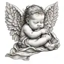 Generate me a black and white tattoo of a baby girl angel, sleeping peacefully, with a heart shaped background , it bein tattoo design idea