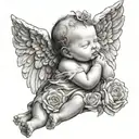 Generate me a black and white tattoo of a baby girl angel, sleeping peacefully, with a heart shaped background , it bein tattoo design idea