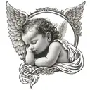 Generate me a black and white tattoo of a baby girl angel, sleeping peacefully, with a heart shaped background , it bein tattoo design idea