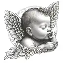 Generate me a black and white tattoo of a baby girl angel, sleeping peacefully, with a heart shaped background , it bein tattoo design idea