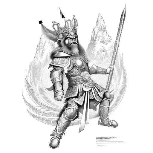 monkey king with his glorious armor and weapon ready to battle on top of an mountain tattoo design idea