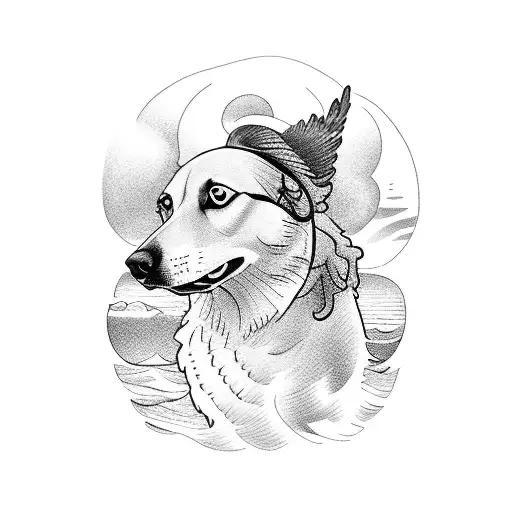beach scene tattoo with a dog and a hawk sitting next to each other on the beach tattoo design idea