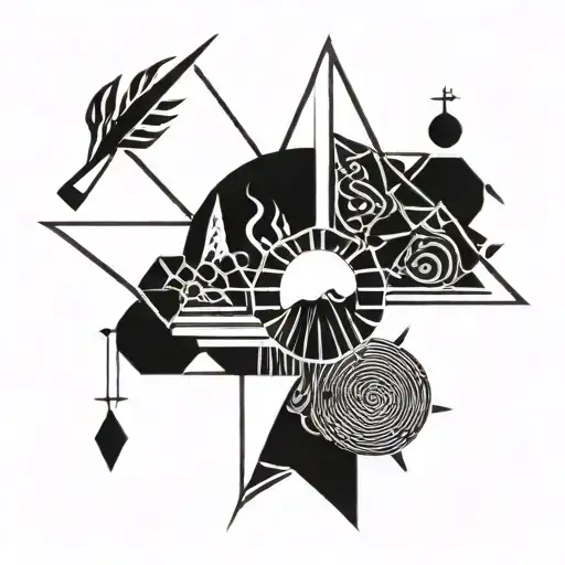A geometric sun design incorporating musical notes and mining tools tattoo design idea