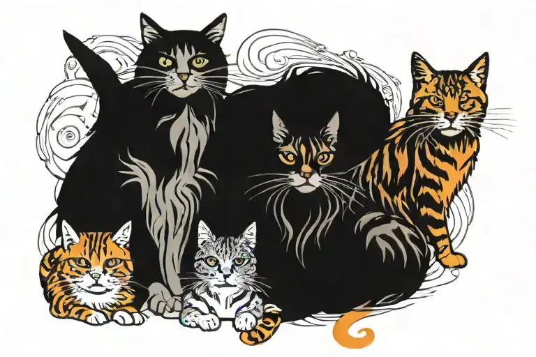 3 cats: one large with long, orange fur; a medium one with a short tabby coat; a very small long-haired grey tabby tattoo design idea