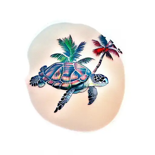 sea turtle in palm tree leaf  tattoo design idea