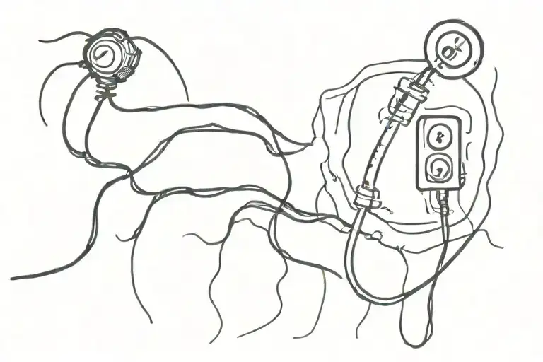 Power button with tendrils digging in and taking over, decaying the flesh around it. tattoo design idea