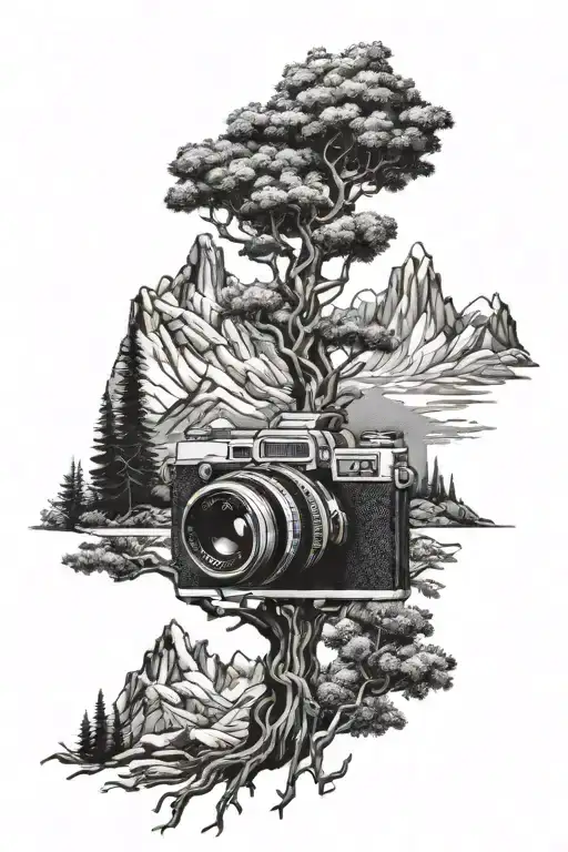 tree, camera, mountain landscape tattoo design idea
