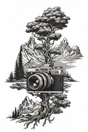 tree, camera, mountain landscape tattoo design idea