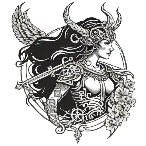 A modern interpretation of Artemis, the Greek goddess of the hunt, with a mechanical twist tattoo design idea