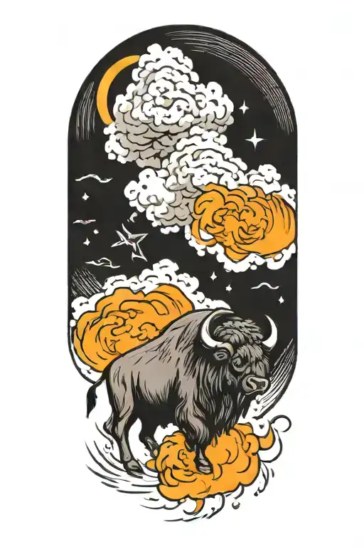 buffalo weathering the storm clouds fire rain tattoo design idea