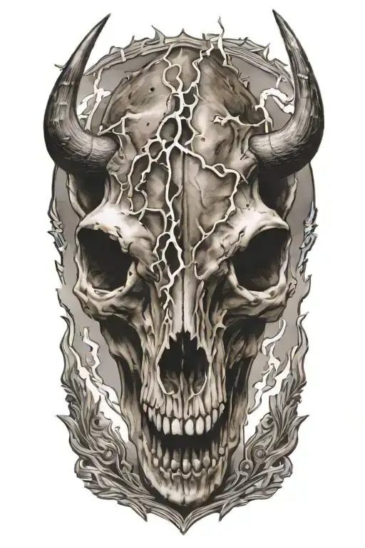 buffalo skull with a lightning bolt striking tattoo design idea