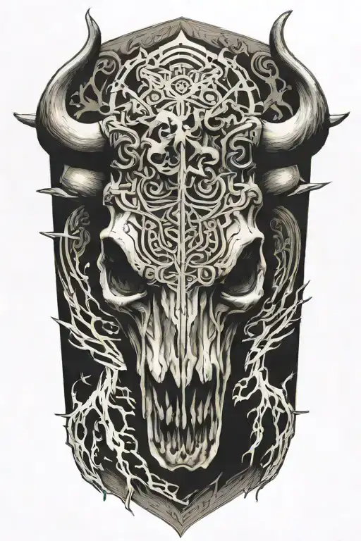 buffalo skull with a lightning bolt striking tattoo design idea