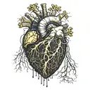 Realistic human heart with a black and gold circuit board inside. wires sticking out all over blood leaking out tattoo design idea