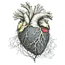 Realistic human heart with a black and gold circuit board inside. wires sticking out all over blood leaking out tattoo design idea