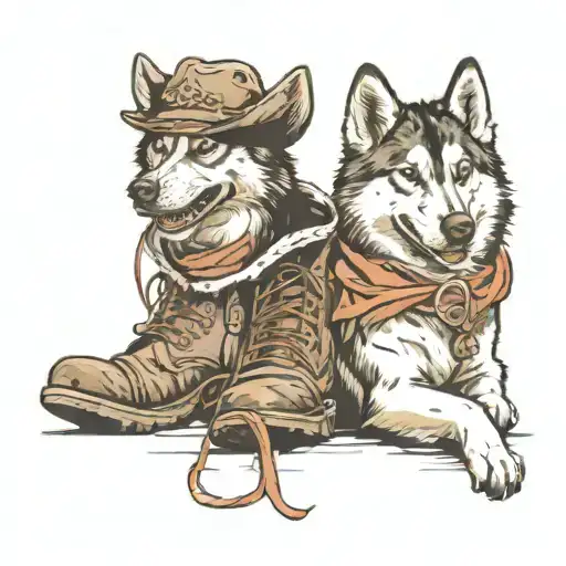 Two huskies one with cowboy hat other coming out of boot tattoo design idea