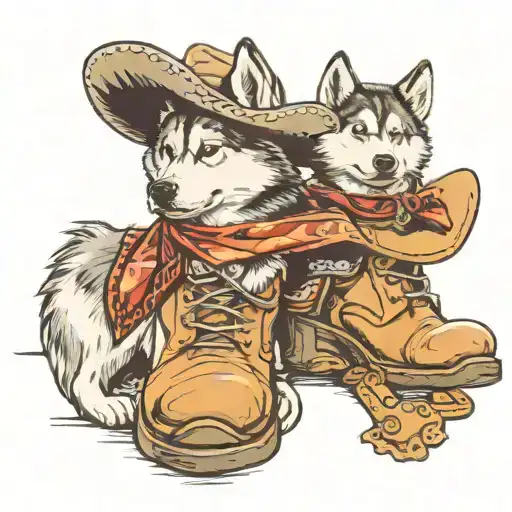 One Husky wearing a cowboy hat and another husky leaning on a cowboy boot tattoo design idea