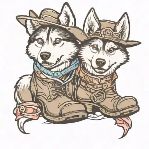 Two huskies one wearing a cowboy hat and the other husky coming out of cowboy boot  tattoo design idea