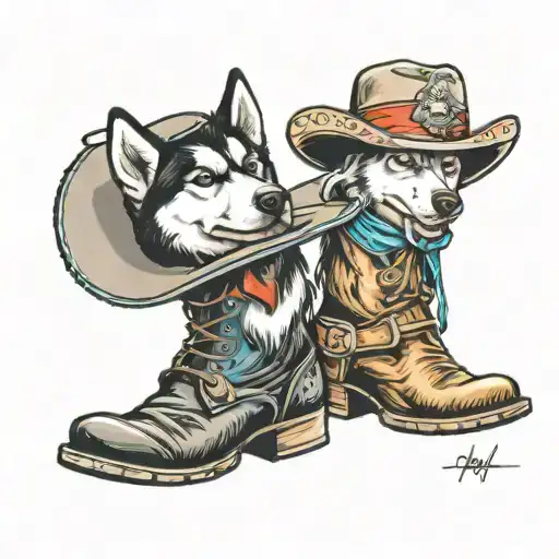 One Husky wearing a cowboy hat and another husky leaning on a western cowboy boot tattoo design idea