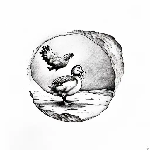 chicken  with knife and a duck with hat coming out of a cave with moon in sky tattoo design idea