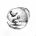 chicken  with knife and a duck with hat coming out of a cave with moon in sky tattoo design idea