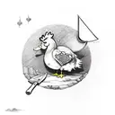 chicken  with knife and a duck with hat coming out of a cave with moon in sky tattoo design idea