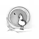 chicken  with knife and a duck with hat coming out of a cave with moon in sky tattoo design idea