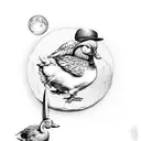 chicken  with knife and a duck with hat coming out of a cave with moon in sky tattoo design idea