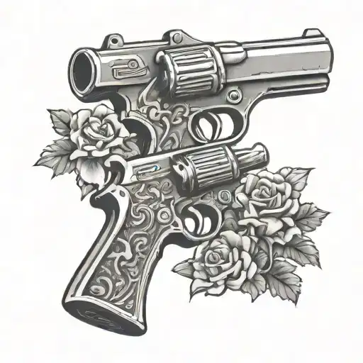 two crossed pistols in a cemetery with tattoo design idea