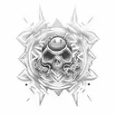 A dotwork tattoo design incorporating symbols of thrash music from the 80s and your love for coffee tattoo design idea