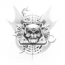 A dotwork tattoo design incorporating symbols of thrash music from the 80s and your love for coffee tattoo design idea