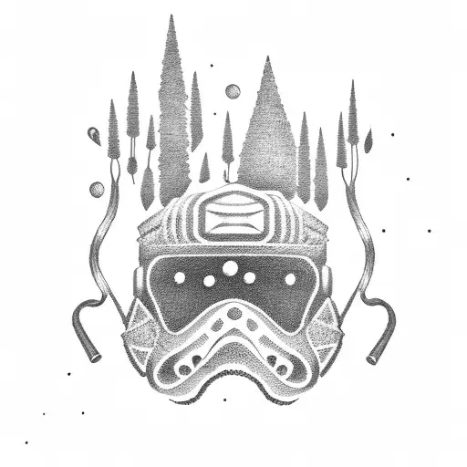 A dotwork design of a firefighter's helmet with hiking poles crossed behind it, and a mysterious Bigfoot silhouette in the distance tattoo design idea