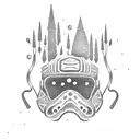 A dotwork design of a firefighter's helmet with hiking poles crossed behind it, and a mysterious Bigfoot silhouette in the distance tattoo design idea