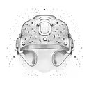 A dotwork design of a firefighter's helmet with hiking poles crossed behind it, and a mysterious Bigfoot silhouette in the distance tattoo design idea