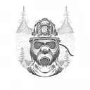 A dotwork design of a firefighter's helmet with hiking poles crossed behind it, and a mysterious Bigfoot silhouette in the distance tattoo design idea