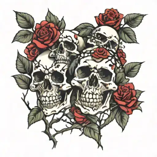 small roses on branches of thorns and few skulls tattoo design idea