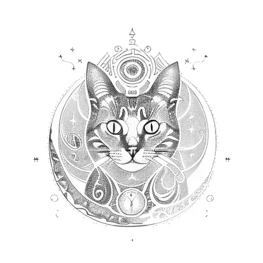 A mystical blackwork tattoo of a cat sitting on a crescent moon, surrounded by swirling patterns inspired by finance graphs and charts tattoo design idea