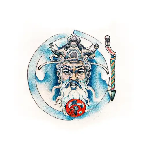 Poseidon holding a water gourd and trident tattoo design idea