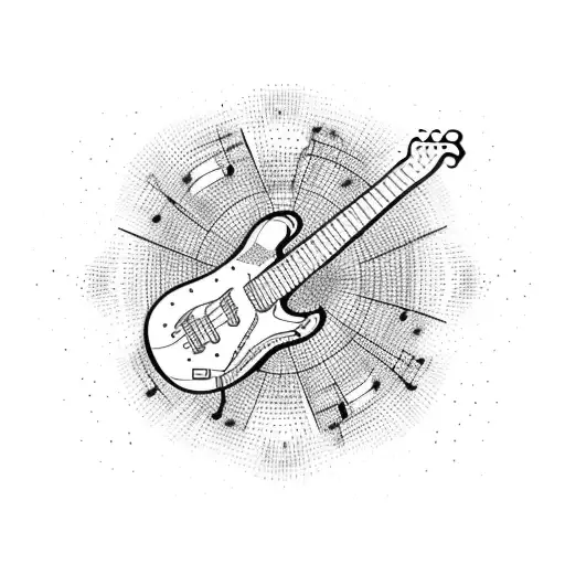 A electric guitar shooting out sparks, music notes and smoke tattoo design idea