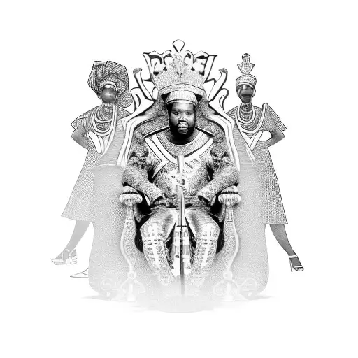 An African king sitting on a throne surrounded by women  tattoo design idea