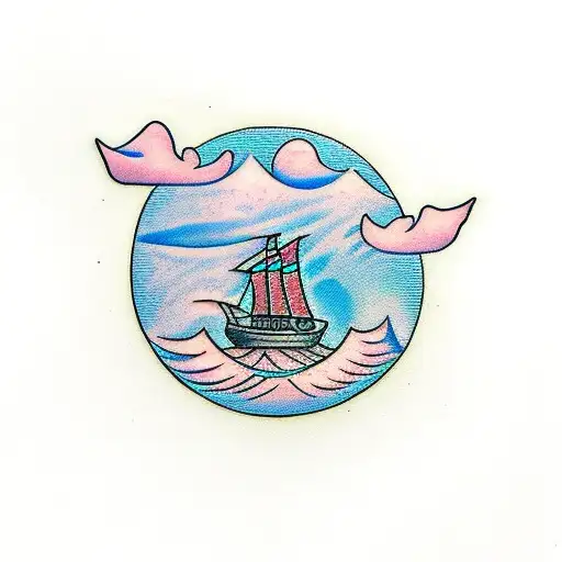 A ship sailing through a river in the clouds tattoo design idea