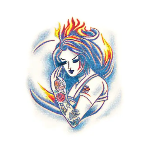 a beautiful emo woman with a hair of fire tattoo design idea