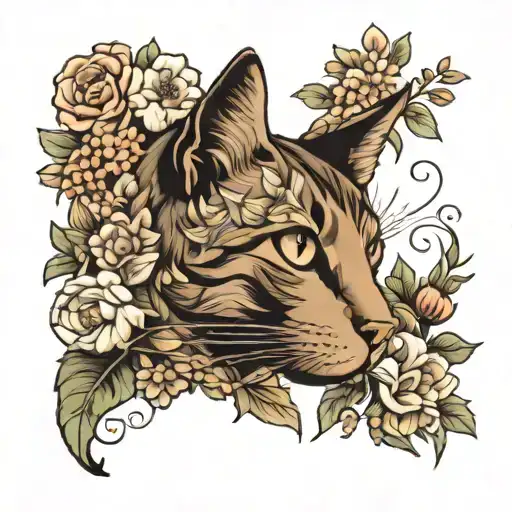 cat in profile, surrounded by flowers and vegetation tattoo design idea