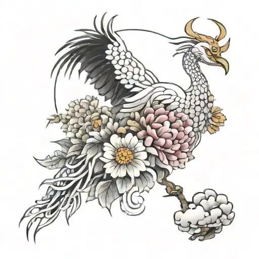 Full leg crane tattoo design, featuring chrysanthemums, peonies and clouds in traditional Japanese style tattoo design idea