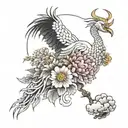Full leg crane tattoo design, featuring chrysanthemums, peonies and clouds in traditional Japanese style tattoo design idea