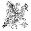 Full leg crane tattoo design, featuring chrysanthemums, peonies and clouds in traditional Japanese style tattoo design idea