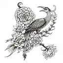 Full leg crane tattoo design, featuring chrysanthemums, peonies and clouds in traditional Japanese style tattoo design idea