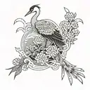 Full leg crane tattoo design, featuring chrysanthemums, peonies and clouds in traditional Japanese style tattoo design idea
