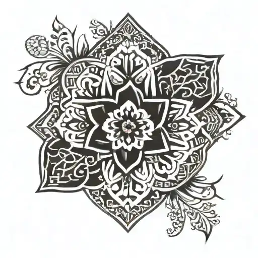 An intricate blackwork tattoo of a geometric pattern inspired by Sardinian pottery, incorporating delicate flower elements to symbolize the client's love for art and tradition tattoo design idea
